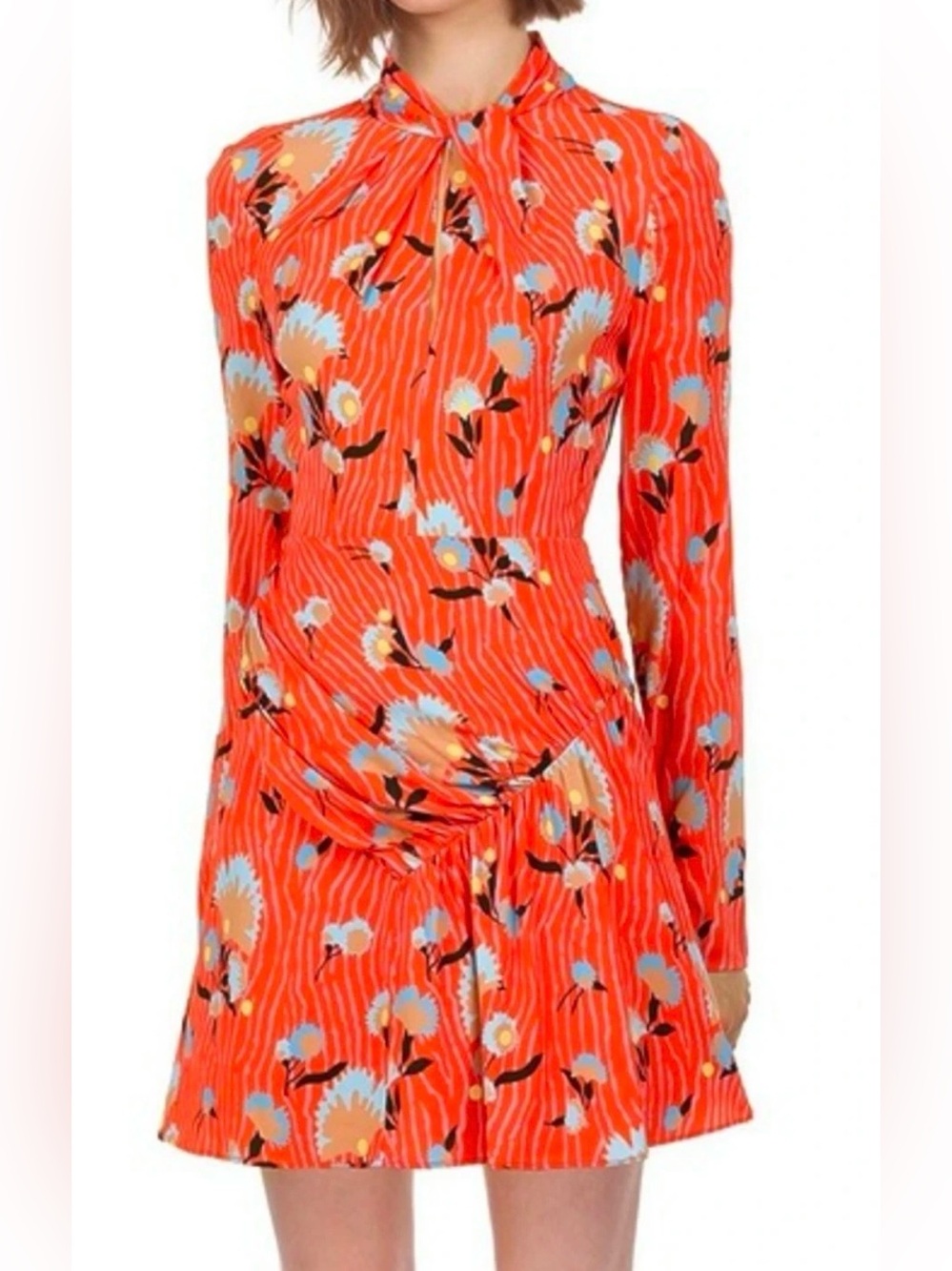 SELF-PORTRAIT Floral Tie-Neck Long Sleeve Dress in Coral
